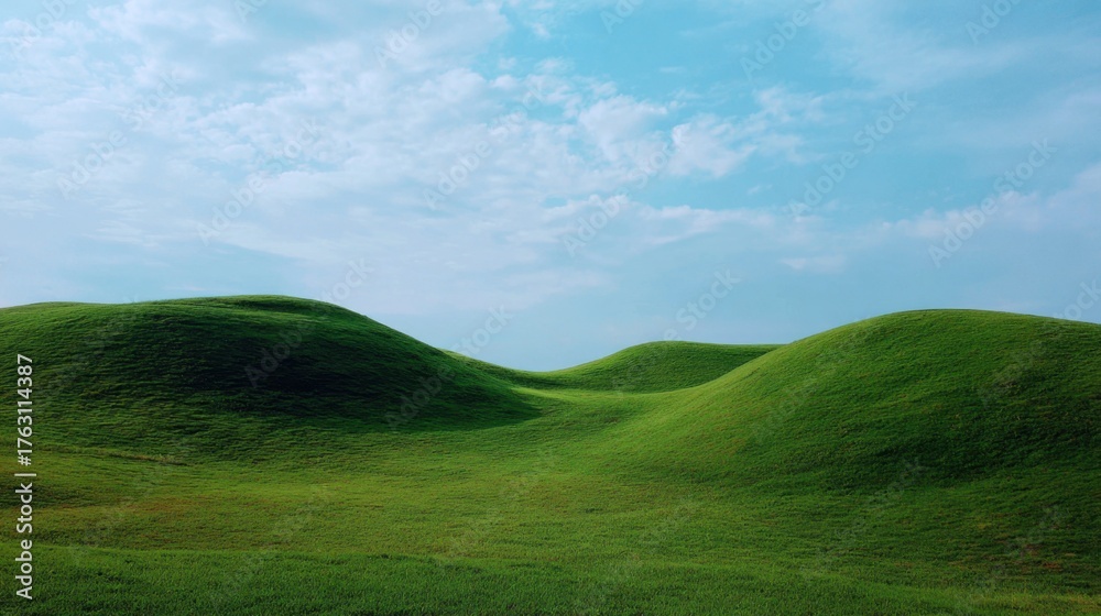 Fototapeta premium Serene Green Hills Under Blue Sky with Light Clouds, Perfect for Nature and Landscape Themes in Stock Photography