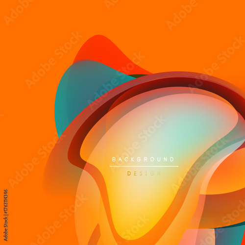 Abstract design features flowing shapes, vibrant colors. Orange background complements translucent layers, creating dynamic visual effect.