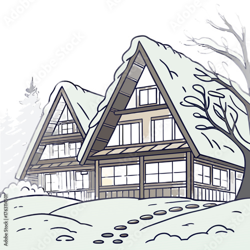 Shirakawa-go Winter Light-up Vector Illustration. Perfect for romantic winter holiday posters, cultural tourism visuals