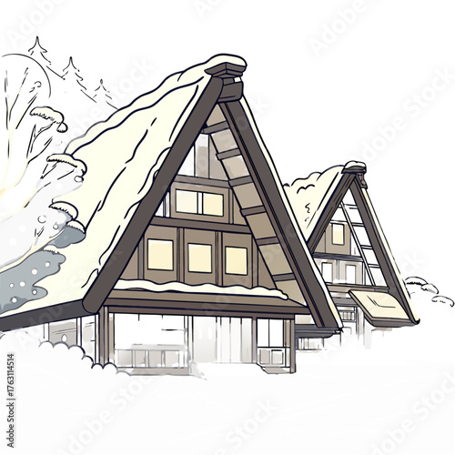 Shirakawa-go Winter Light-up Vector Illustration. Perfect for romantic winter holiday posters, cultural tourism visuals
