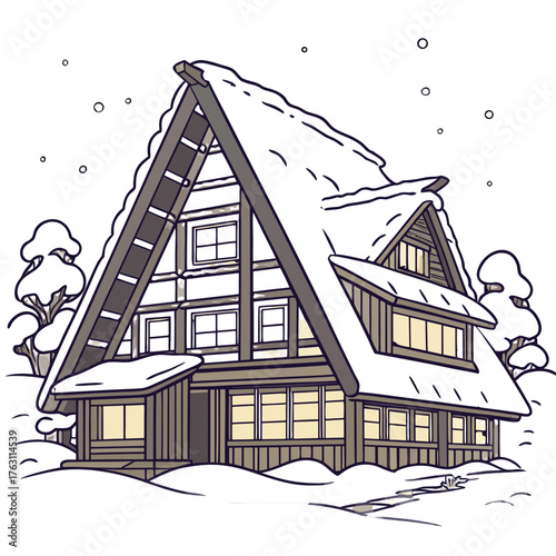 Shirakawa-go Winter Light-up Vector Illustration. Perfect for romantic winter holiday posters, cultural tourism visuals