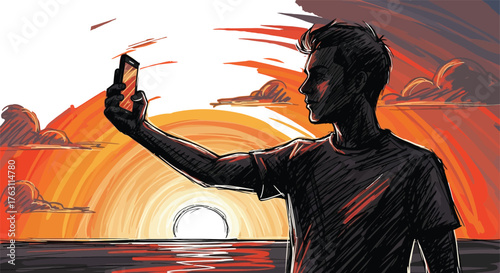 Silhouette of a young man taking a selfie at sunset, capturing the beauty of nature and a moment in time