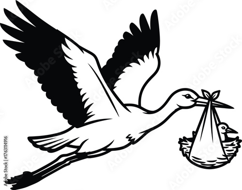 Classic stork delivers baby bundle in flight symbol of new life and family joy flat design vector illustration isolated on transparent background