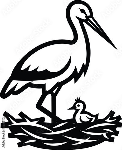 Elegant stork and chick perched in nest detailed line art emblem or logo design concept flat design vector illustration isolated on transparent background