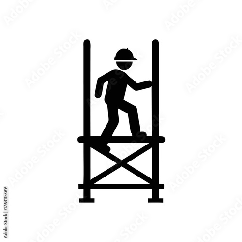 Minimalist vector icon showing a construction worker silhouette climbing on a scaffolding platform.