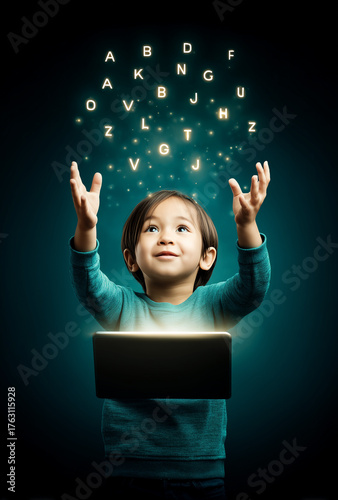 a young boy is holding up his hands, with glowing letters floating above him and an tablet in front of him