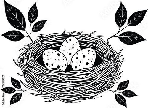 Charming bird nest with three speckled eggs and leafy branches rustic nature art flat design vector illustration isolated on transparent background