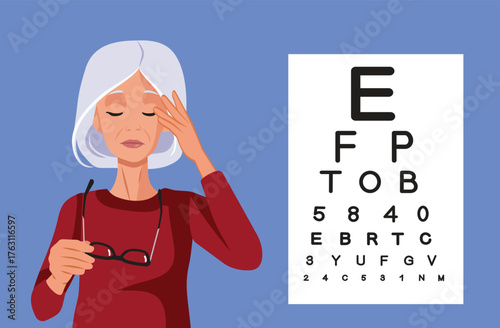 Senior Woman Having Headaches from Poor Vision Vector Illustration. Elderly patient suffering from weaker muscles that control eye movement 