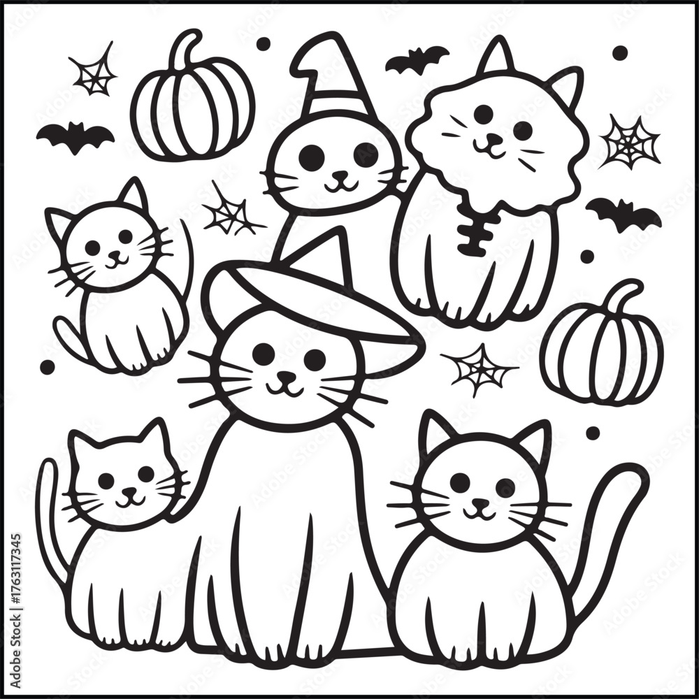Obraz premium Cat Illustration Icon with Cute Cartoon Kittens, Halloween-Style Pumpkins and Stars, Hand-Drawn Line Art Design for Holiday Greeting Card, Wallpaper