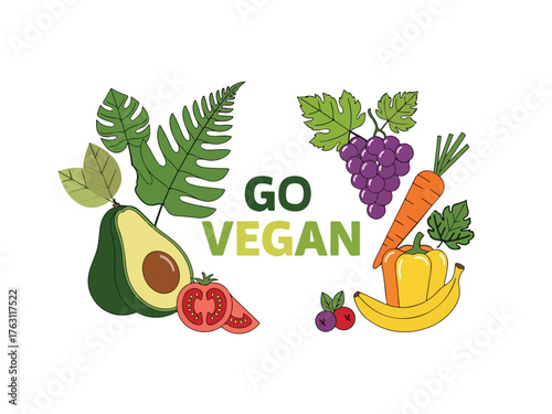 Colorful illustration promoting veganism, featuring various fruits and vegetables with the words 'Go Vegan'.