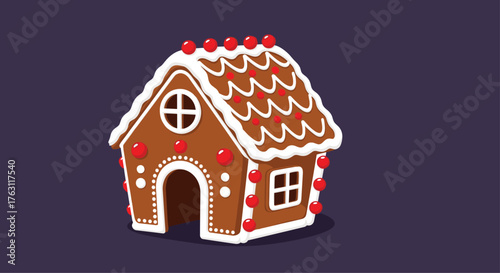 Illustrated gingerbread house with white icing and red candy on a dark purple background