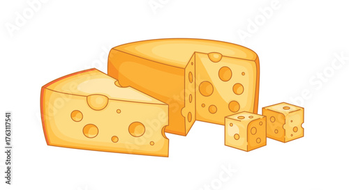 Illustration of a wheel of cheese with a wedge and cubes on a white background cartoon style
