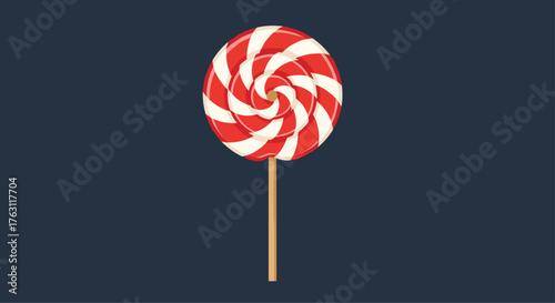 A single red and white swirled lollipop on a stick against a dark blue background illustration