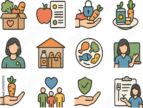 Community Food Drive Nutrition Icon Set include, Healthy Donations, Nutritional Value, Food Security, Volunteer Organization, Distribution Centers, Dietary Diversity etc.