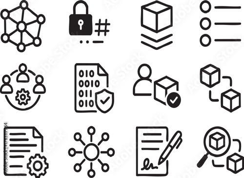 Blockchain Ledger Design Icon Set include, Distributed Network, Cryptographic Hash, Block Structure, Transaction Records, Consensus Mechanism
