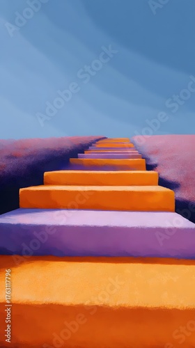 Vibrant stairs up way to success metaphor motivation ambition surrealism digital art bright color abstract