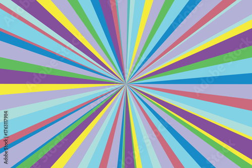 Pop art radial colorful comics book magazine cover. Striped color digital background. Cartoon funny retro pattern strip mock up. Vector halftone illustration. Sunburst, starburst shape.