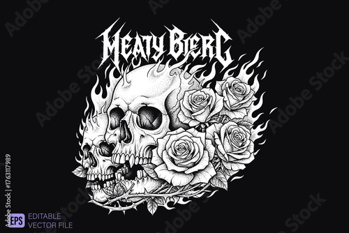 Skull with Roses and Flames Tattoo Design.