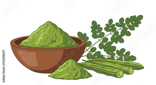 Illustration of moringa powder in a bowl with moringa leaves and pods on a white background