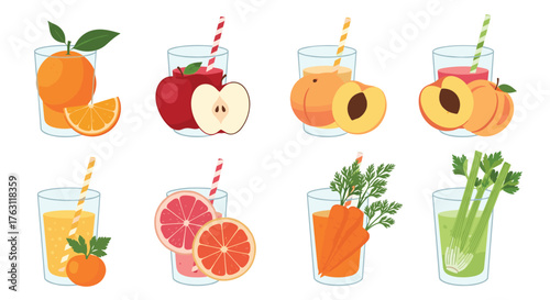 Assorted fruit and vegetable juices in glasses with straws on a white background illustration