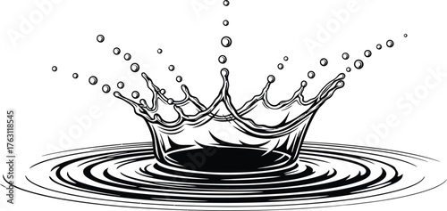 Dynamic water splash crown effect with ripples freshness liquid droplet motion flat design vector illustration isolated on transparent background