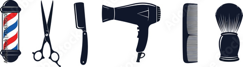 Barber pole scissors comb hair dryer brush barber tools professional hairdressing supplies collection flat design vector illustration isolated on transparent background