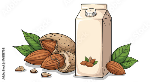 Illustrated almond milk carton with almonds and green leaves on a white background drawing style