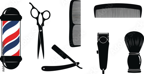 Barber shop tools collection vintage icons hair cutting scissors comb straight razor clipper brush flat design vector illustration isolated on transparent background