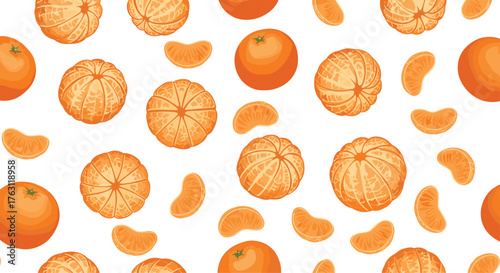Seamless pattern of whole peeled and segmented tangerines on a white background surface design