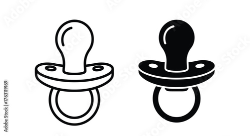 Simple black and white illustration of two baby pacifiers shown side by side