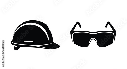 A black and white illustration of a construction helmet and sunglasses