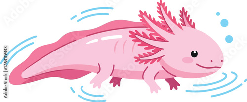 Cute pink axolotl swimming underwater with gentle ripples and bubbles flat design vector illustration isolated on transparent background
