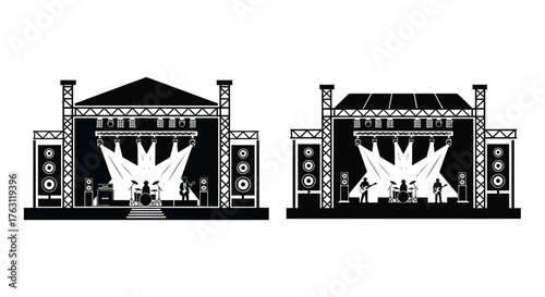 Black and white illustration of outdoor concert stages with band setup