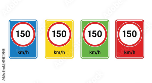 Four speed limit signs displaying 150 km h in different colors