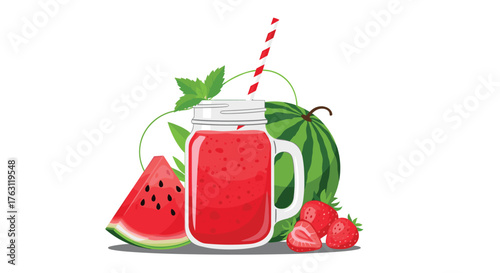 Illustration of watermelon smoothie in a jar with strawberries and a slice of watermelon nearby
