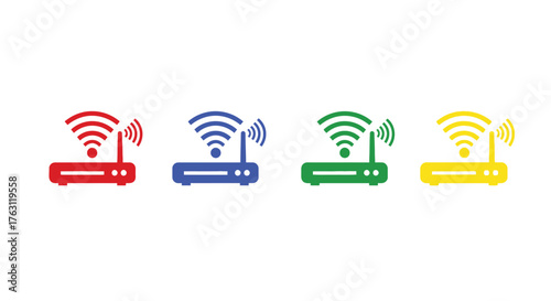 Four colorful wireless router icons displayed in a row simple design