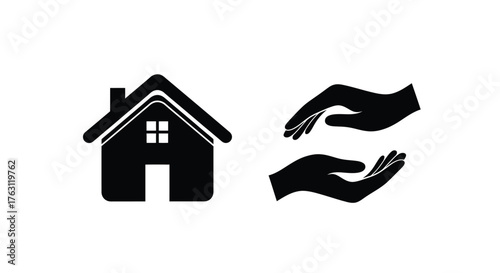 Protecting our homes hands cradling a house symbol in black and white