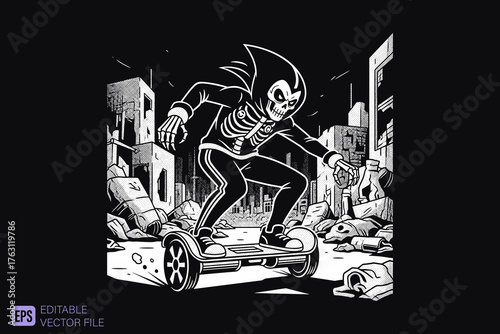Skeleton Character Riding Hoverboard in Urban Setting.