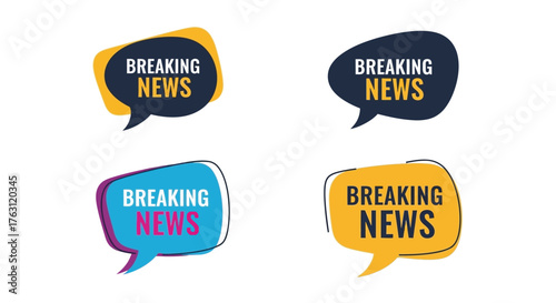 Four colorful speech bubbles displaying the text breaking news prominently