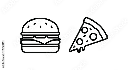 Simple black and white line drawing of a burger and pizza slice