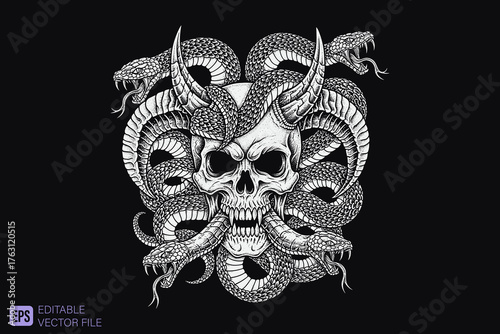 Intricate Skull with Horns and Coiled Snakes Illustration.