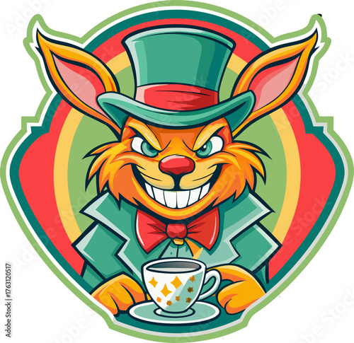 Sticker of mischievous rabbit character in a top hat holding a teacup with a cunning smile against a colorful background