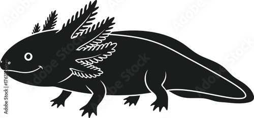 Cute black axolotl silhouette adorable amphibian water pet animal cute creature flat design vector illustration isolated on transparent background