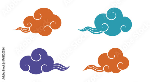 Four stylized clouds in orange teal purple and brown hues