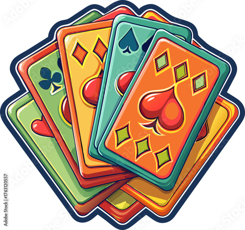 Vibrant playing cards sticker featuring various suits and colorful designs against a clean background