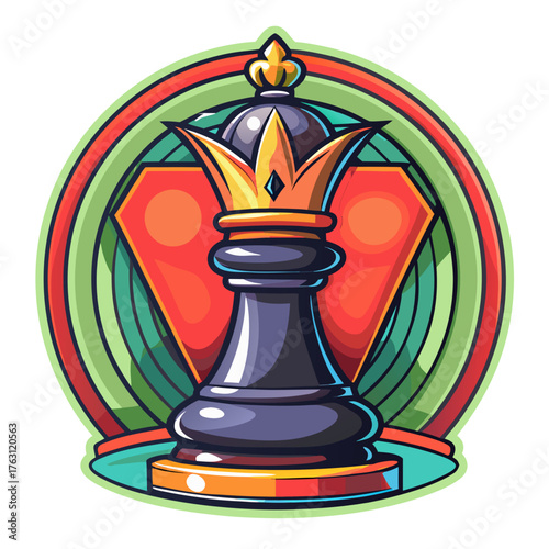Bold king chess piece sticker with a shiny crown against a vibrant geometric background