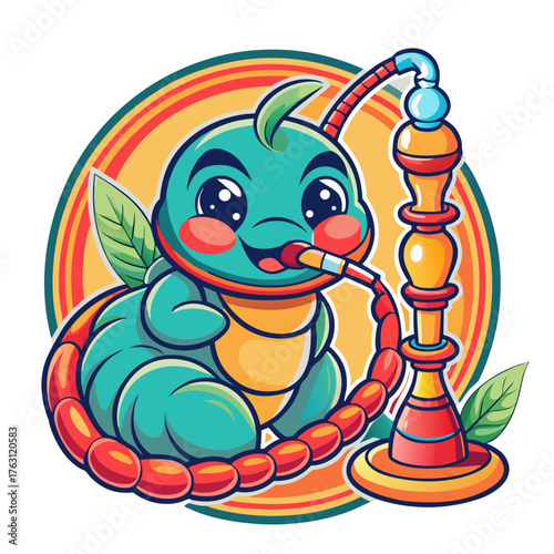 Sticker of cute caterpillar character enjoying a hookah with a playful expression against a vibrant circular background
