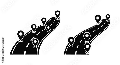 Winding roads with location pins a simple black and white illustration
