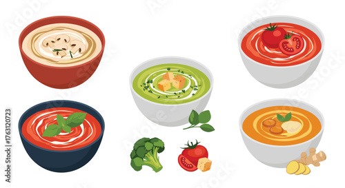 Various bowls of soup with different ingredients and toppings are displayed together nicely