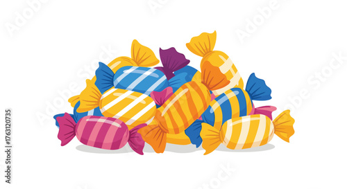 A colorful pile of wrapped candies with different stripes and wrapper colors on a white background